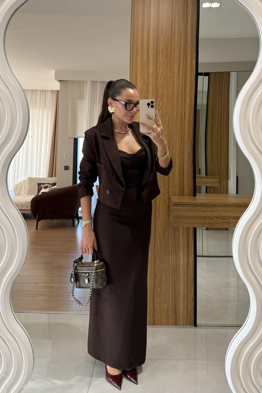 Aurella Kahve Blazer-Elbise Premium Takım