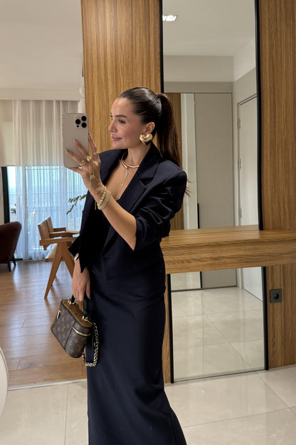 Aurella Lacivert Blazer-Elbise Premium Takım