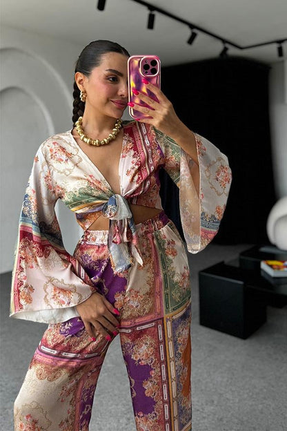 Avena Etnik Desen Saten Crop Pantolon Takım