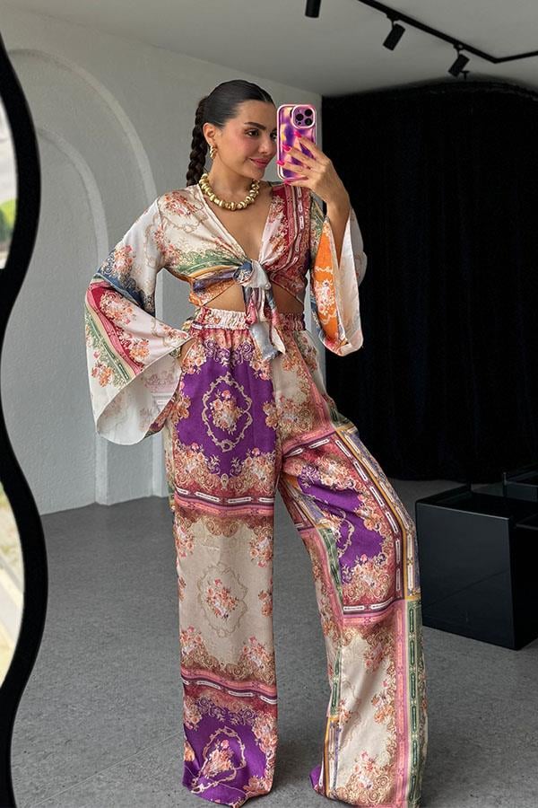 Avena Etnik Desen Saten Crop Pantolon Takım