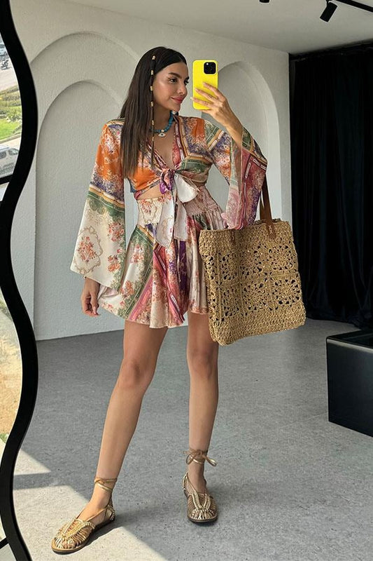 Avena Etnik Desen Saten Etek Crop Takım