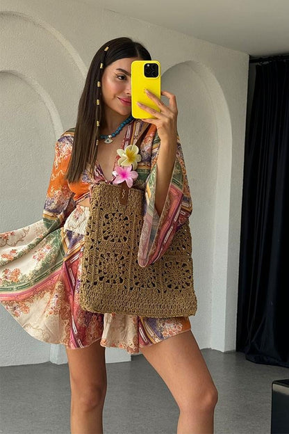 Avena Etnik Desen Saten Etek Crop Takım