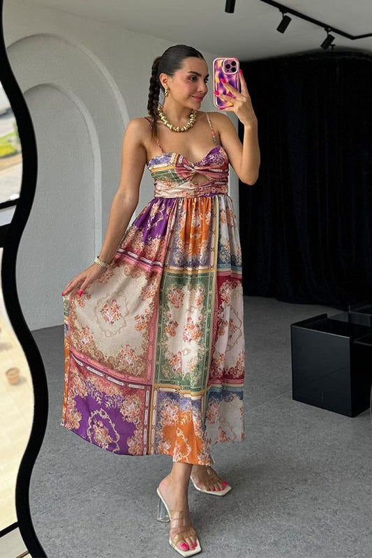 Avena Etnik Desen Saten Maxi Elbise