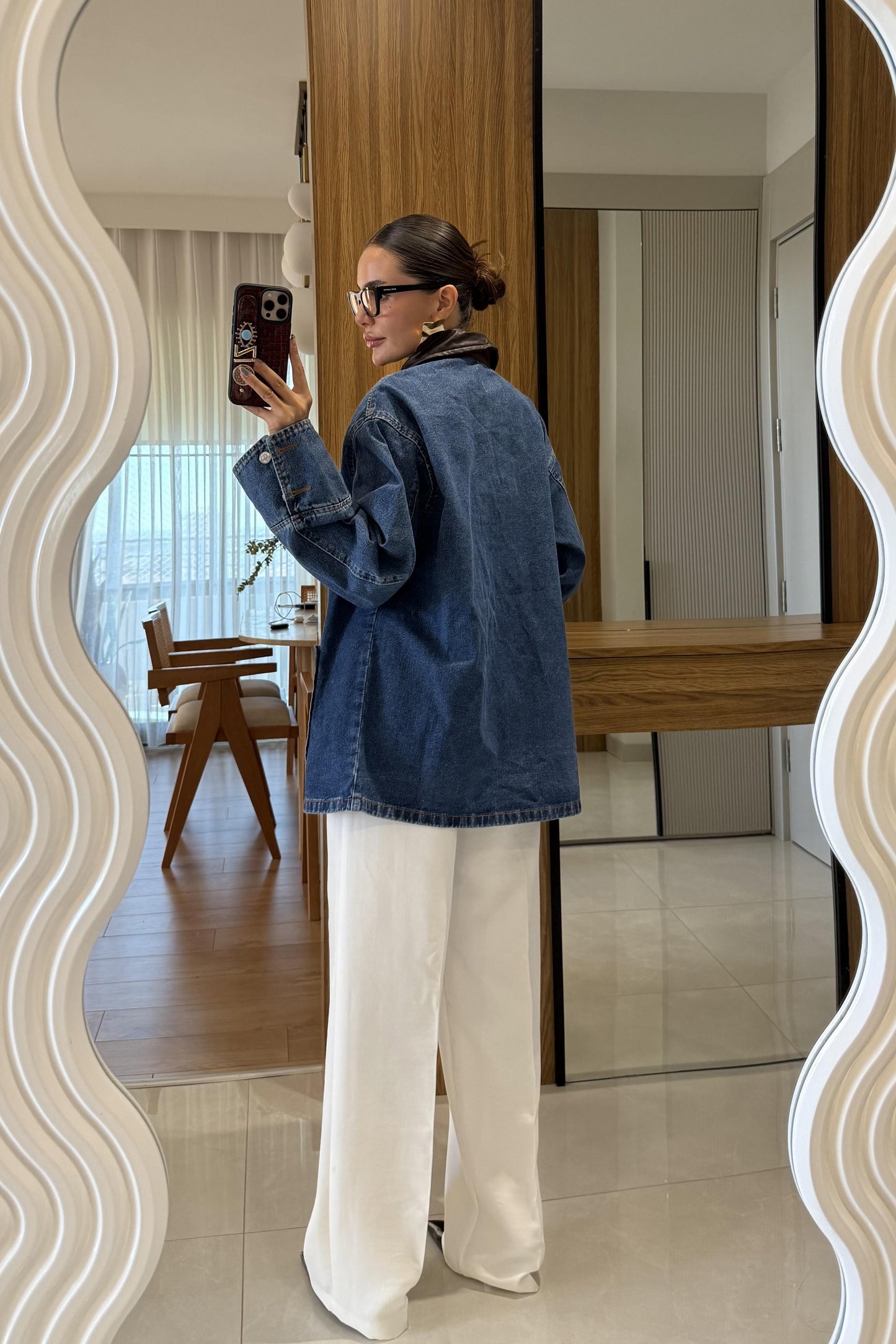 Averice Yakası Deri Denim Ceket