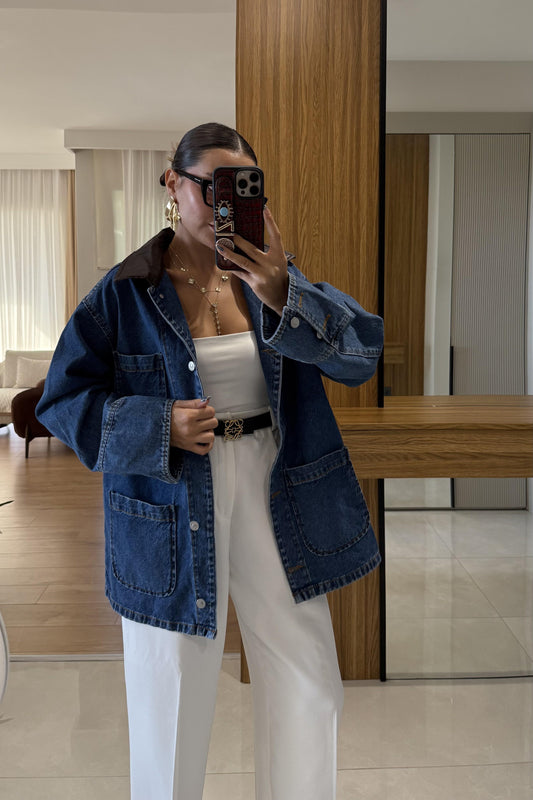 Averice Yakası Deri Denim Ceket