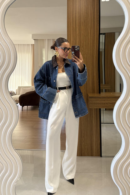 Averice Yakası Deri Denim Ceket