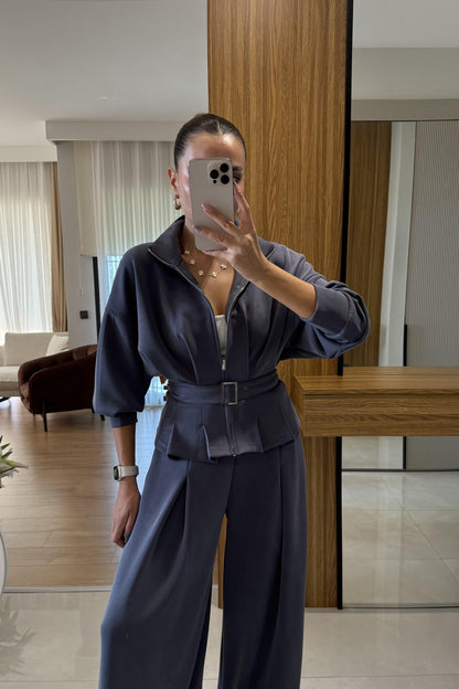 Avery Antrasit Kemer Detaylı Geniş Paça Modal Takım