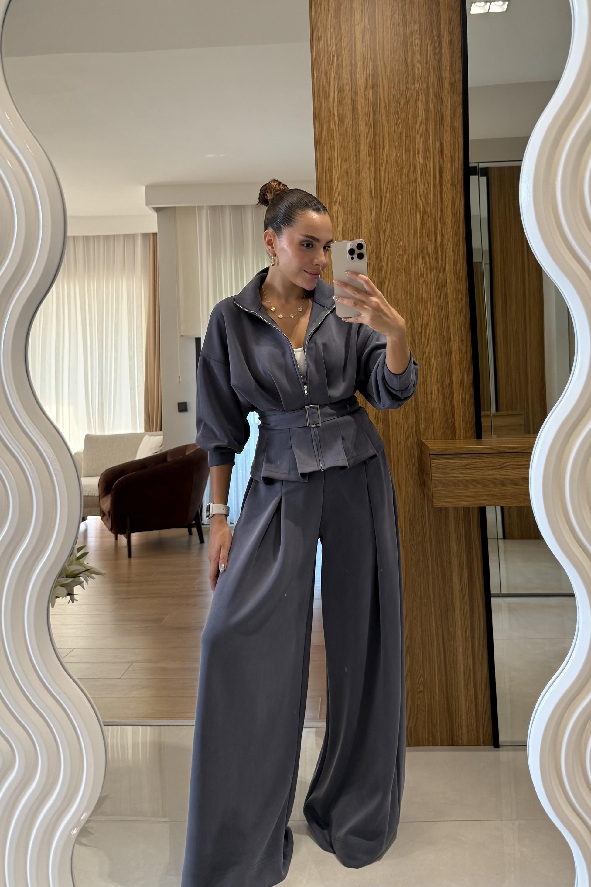 Avery Antrasit Kemer Detaylı Geniş Paça Modal Takım