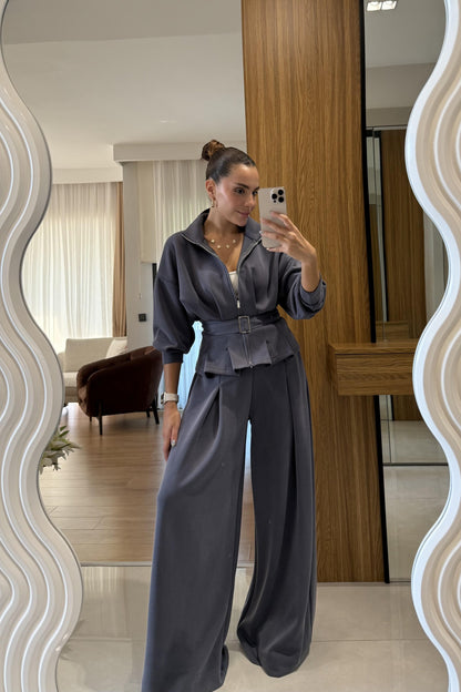 Avery Antrasit Kemer Detaylı Geniş Paça Modal Takım