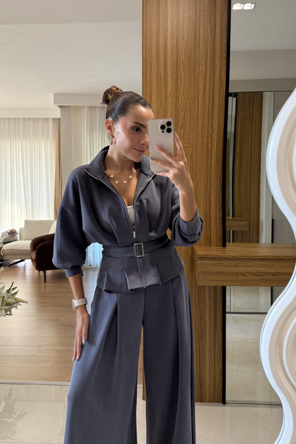 Avery Antrasit Kemer Detaylı Geniş Paça Modal Takım