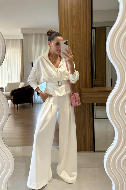 Avery Beyaz Kemer Detaylı Geniş Paça Modal Takım
