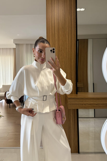 Avery Beyaz Kemer Detaylı Geniş Paça Modal Takım