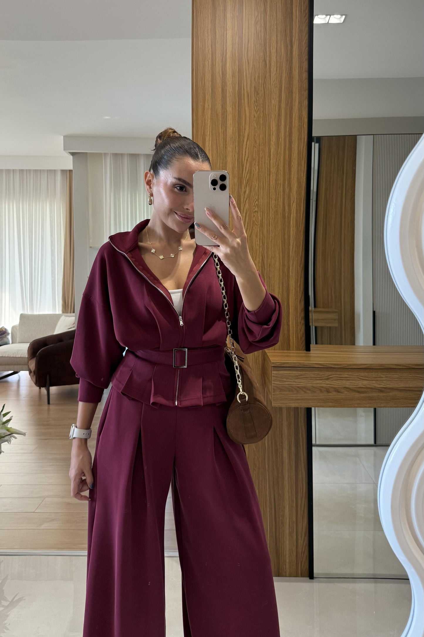 Avery Bordo Kemer Detaylı Geniş Paça Modal Takım