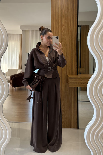 Avery Kahve Kemer Detaylı Geniş Paça Modal Takım