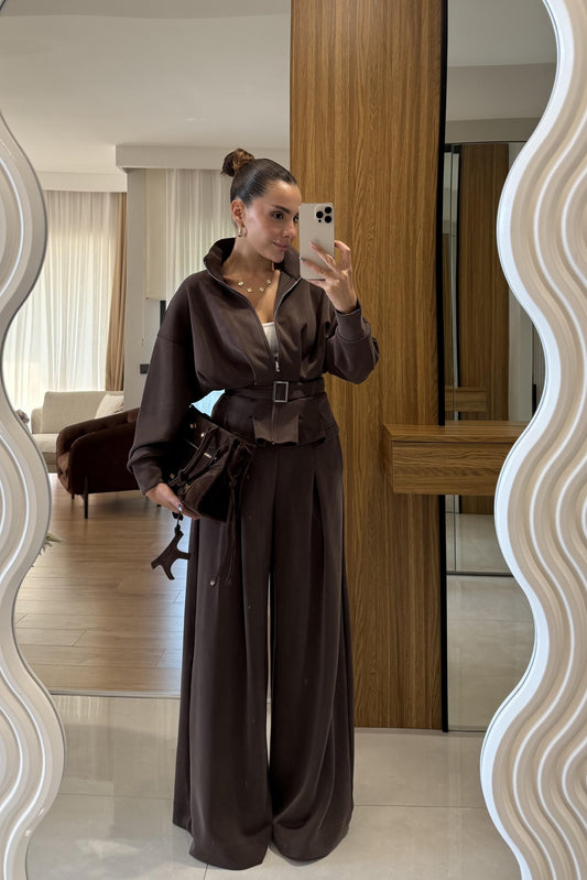 Avery Kahve Kemer Detaylı Geniş Paça Modal Takım