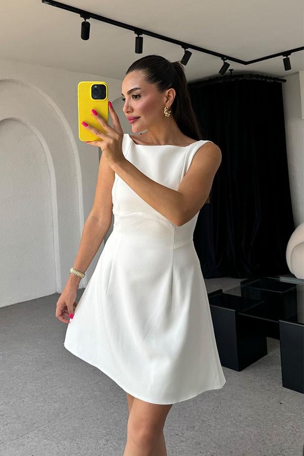 Avia Sırt Dekolteli Mini Elbise-Beyaz