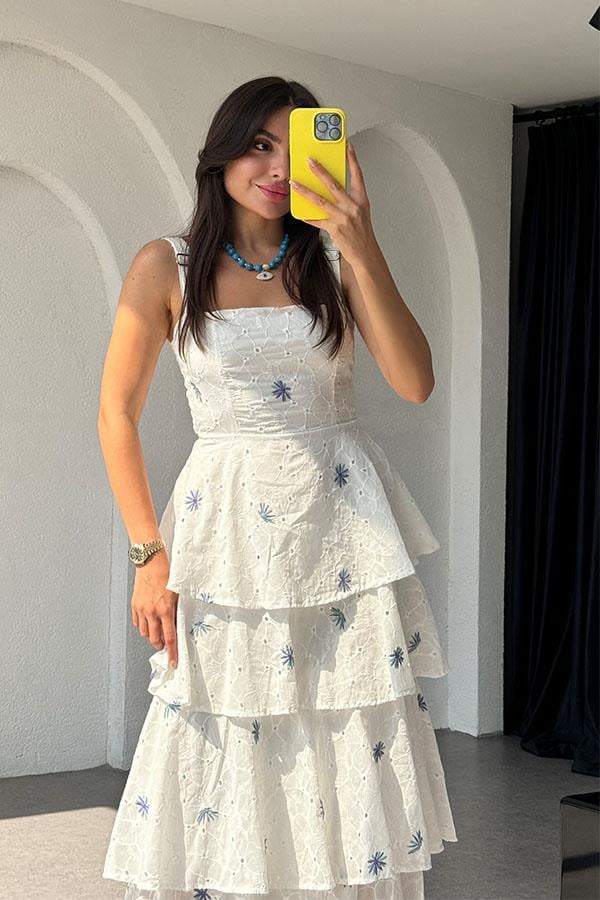 Aviva Fırfırlı Mavi Nakışlı Fisto Elbise