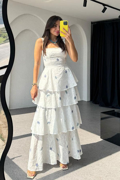 Aviva Fırfırlı Mavi Nakışlı Fisto Elbise