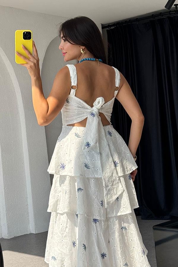 Aviva Fırfırlı Mavi Nakışlı Fisto Elbise