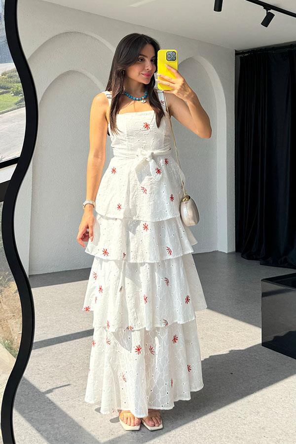 Aviva Fırfırlı Pembe Nakışlı Fisto Elbise