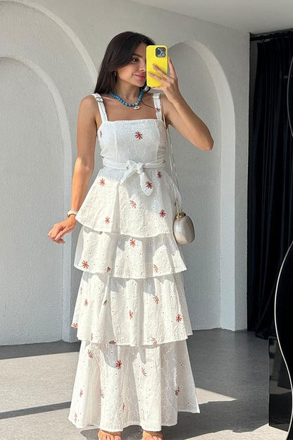 Aviva Fırfırlı Pembe Nakışlı Fisto Elbise