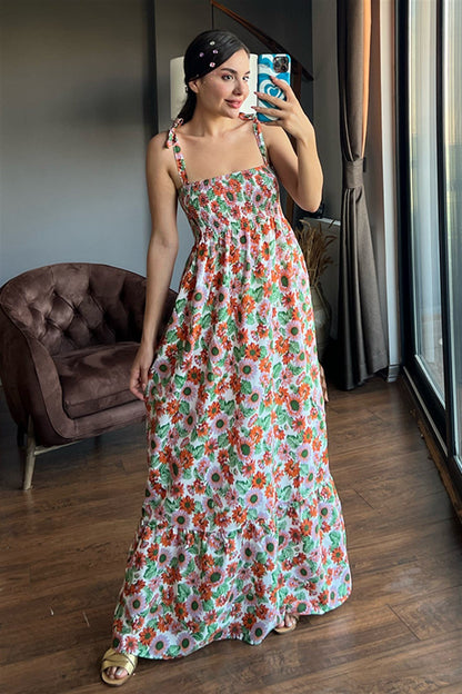 Ayçiçeği desenli gipeli çiçekli elbise