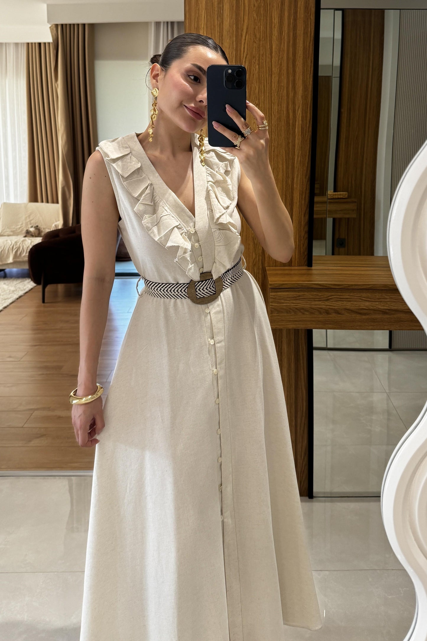 Aymera Kemerli Maxi Keten Elbise