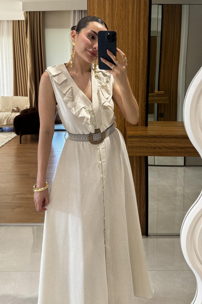 Aymera Kemerli Maxi Keten Elbise