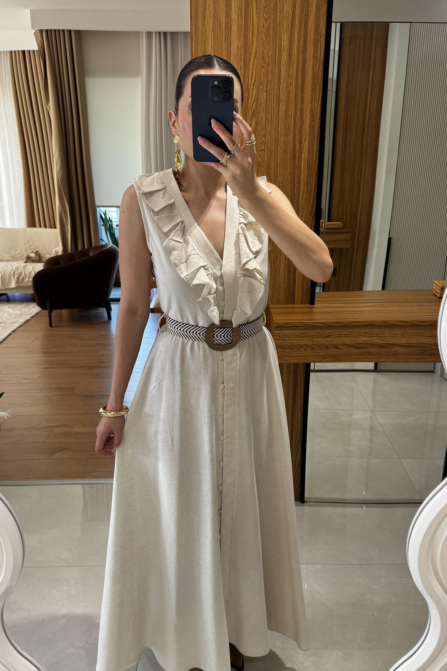 Aymera Kemerli Maxi Keten Elbise