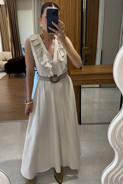 Aymera Kemerli Maxi Keten Elbise