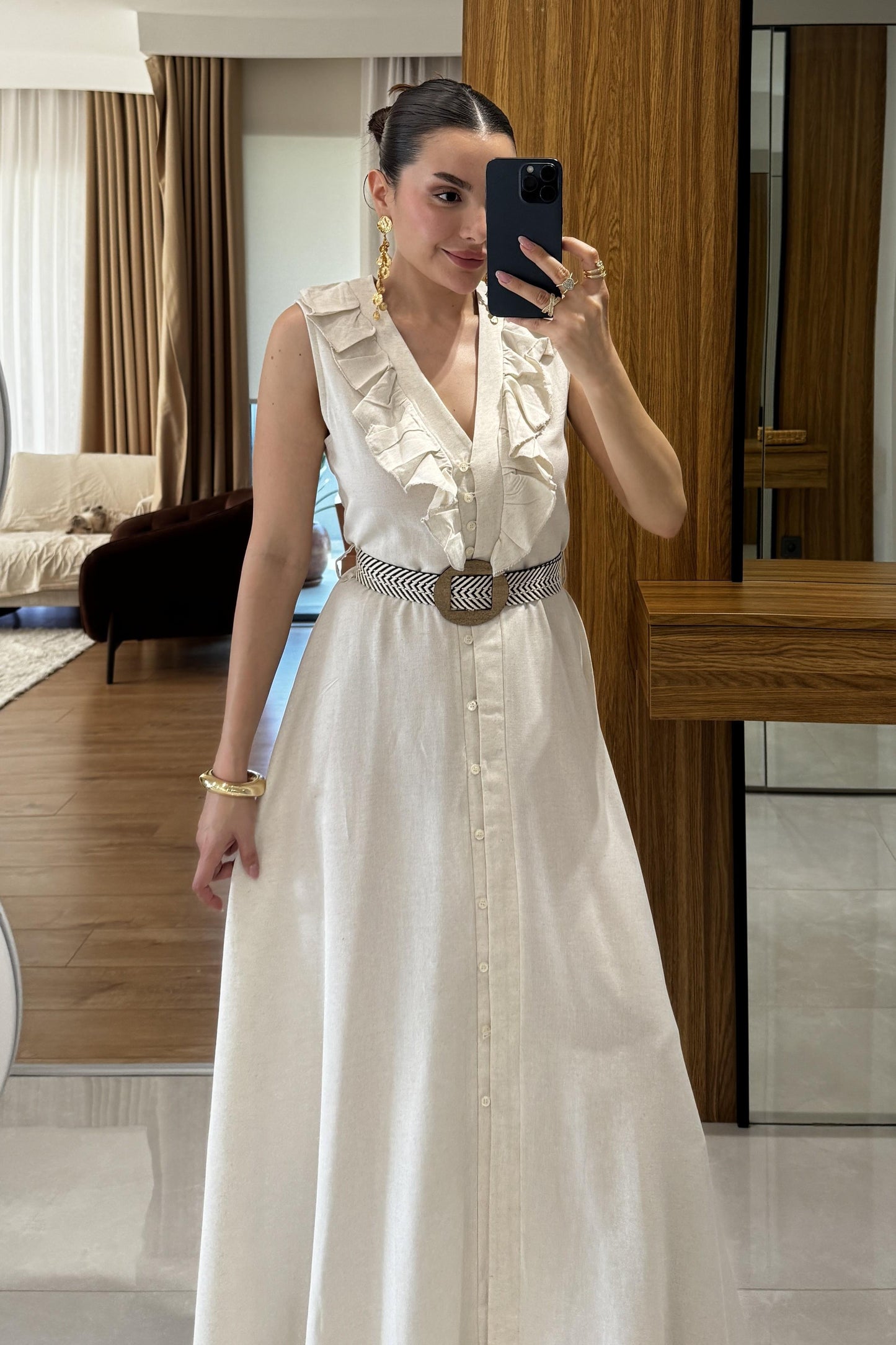 Aymera Kemerli Maxi Keten Elbise