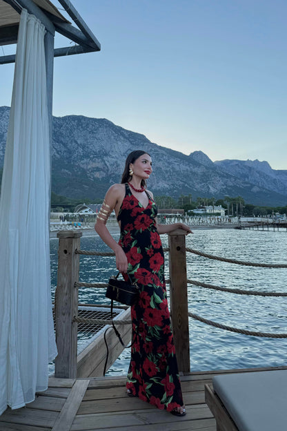 Bahama Kırmızı Güllü Sırt Dekolteli Elbise