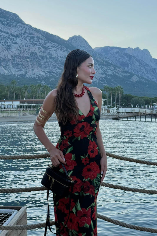 Bahama Kırmızı Güllü Sırt Dekolteli Elbise