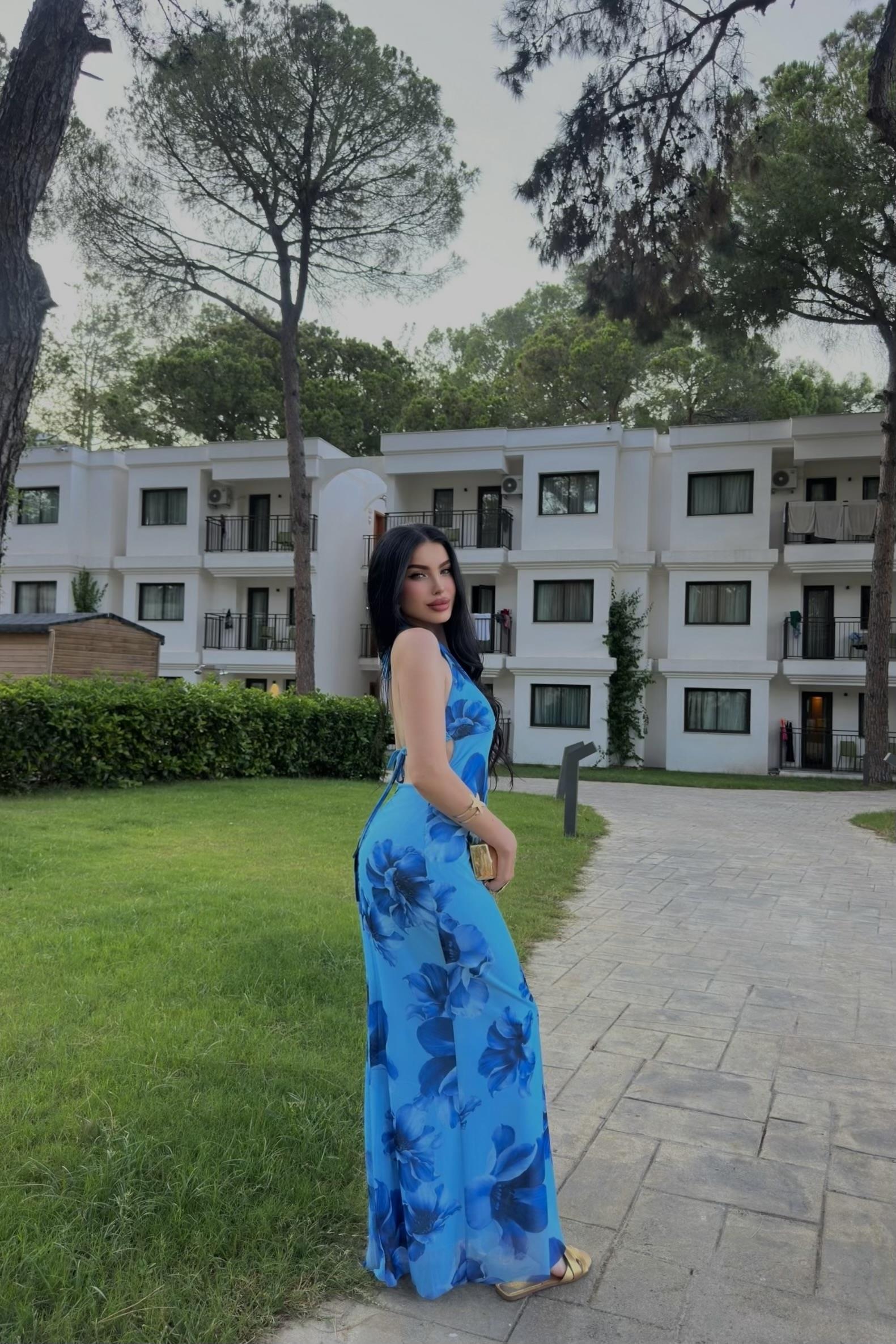 Bahama Mavi Güllü Sırt Dekolteli Elbise