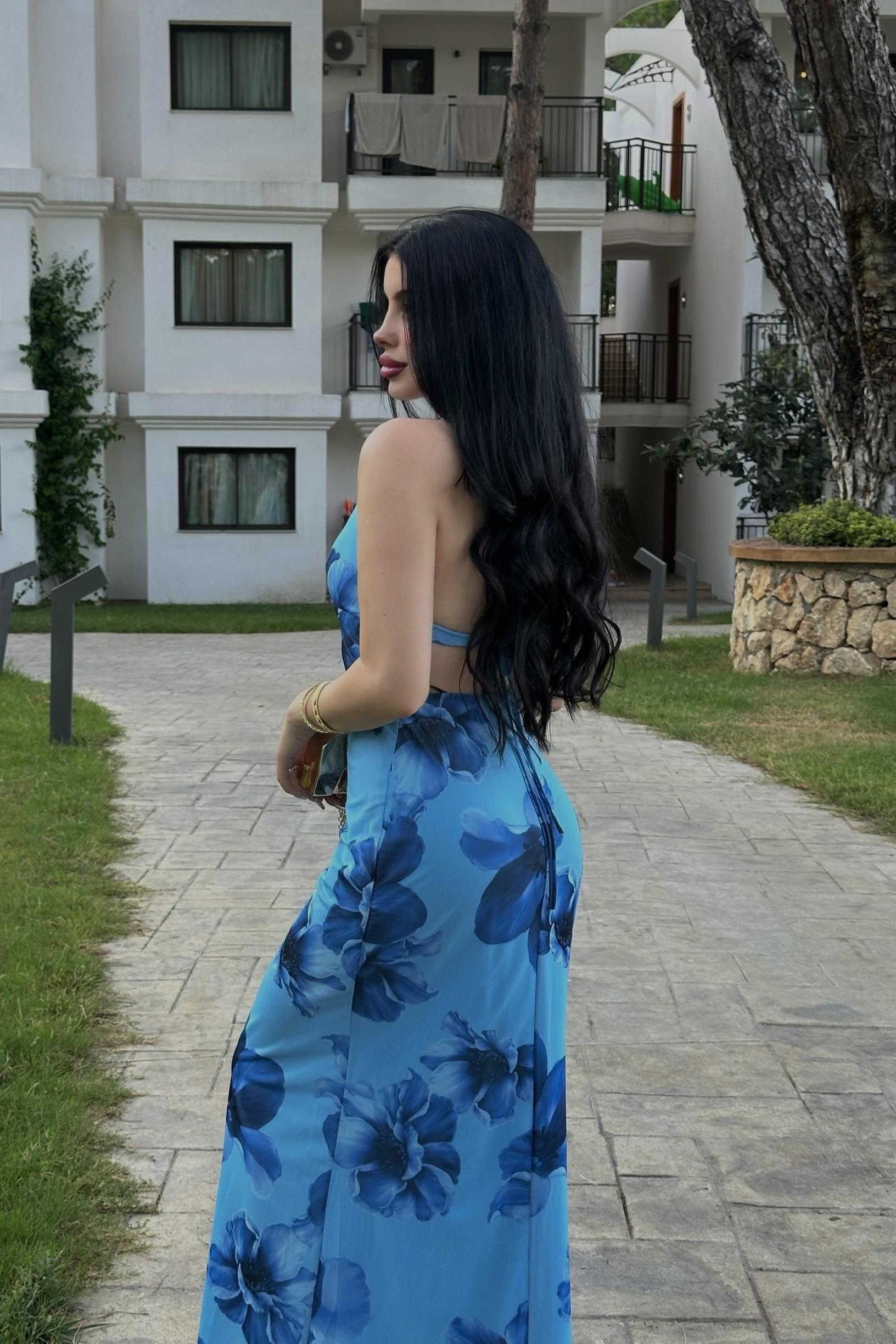 Bahama Mavi Güllü Sırt Dekolteli Elbise