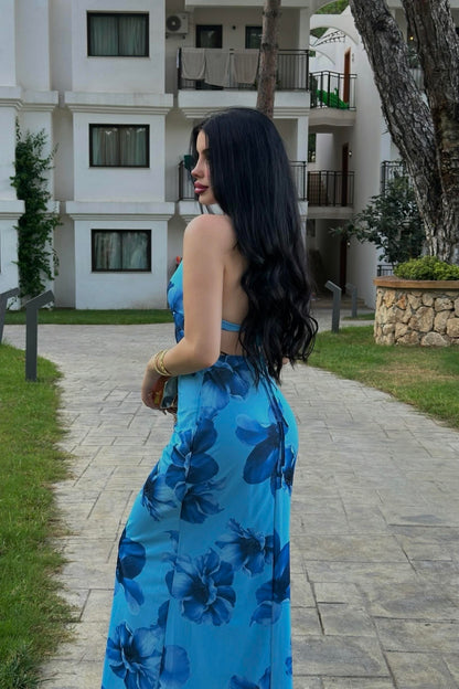 Bahama Mavi Güllü Sırt Dekolteli Elbise