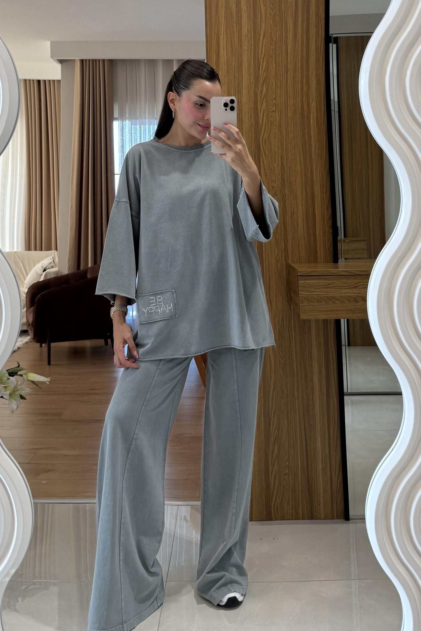 Be Happy Gri Yıkama Taşlı Takım