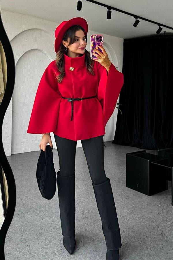 Becca Kemerli Kırmızı Panço