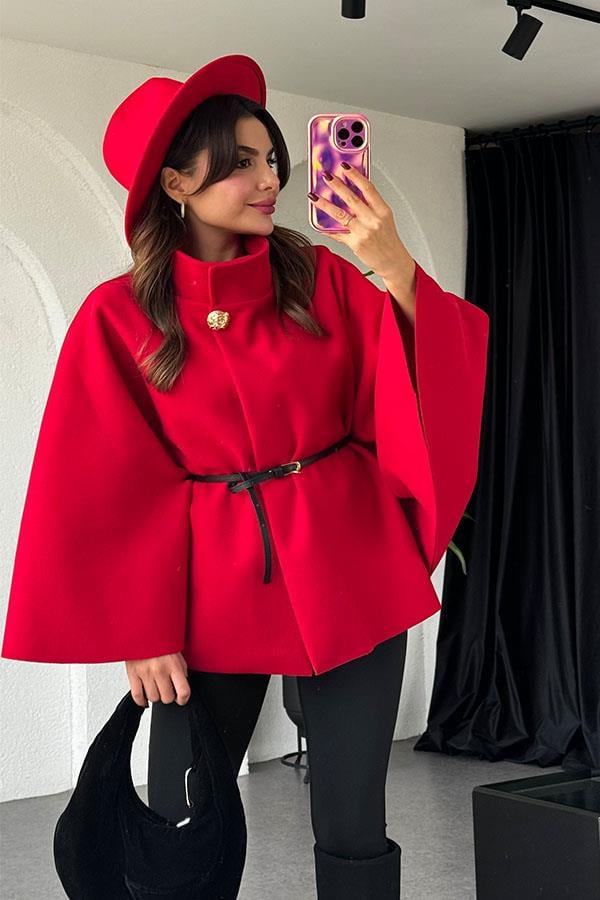 Becca Kemerli Kırmızı Panço