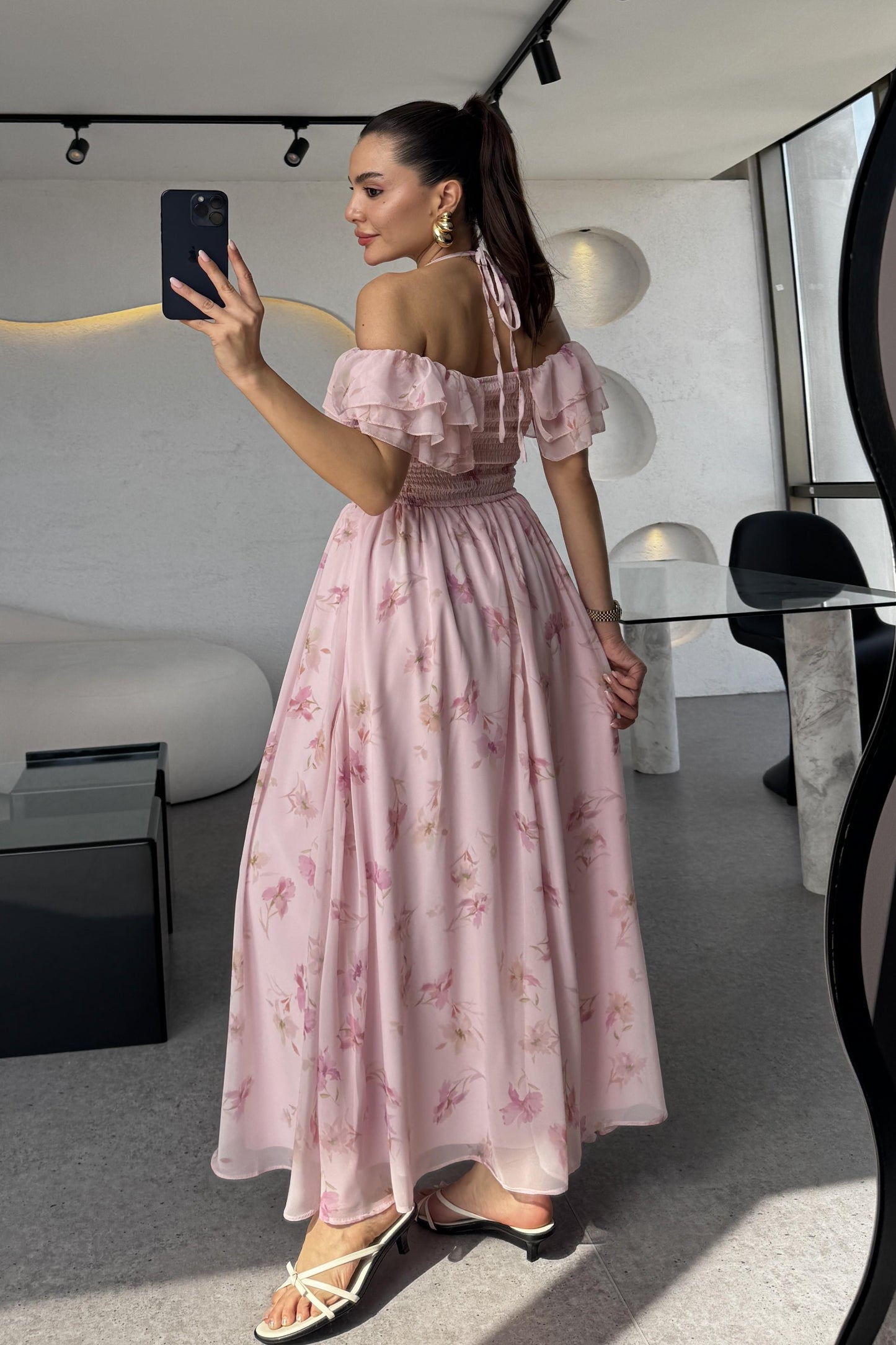 Begonia Çiçek Detaylı Şifon Elbise