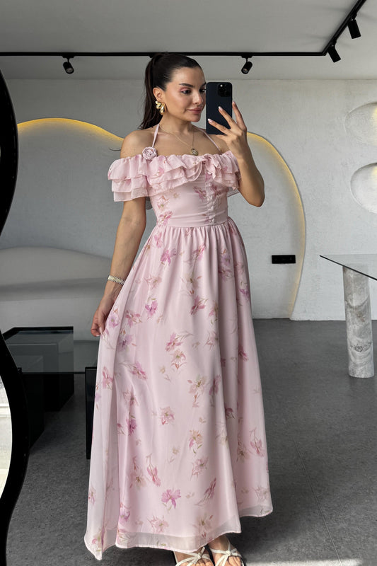 Begonia Çiçek Detaylı Şifon Elbise