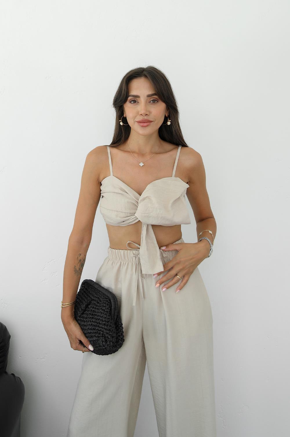 BEJ DEDIO FIYONKLU CROP PANTOLON TAKIM