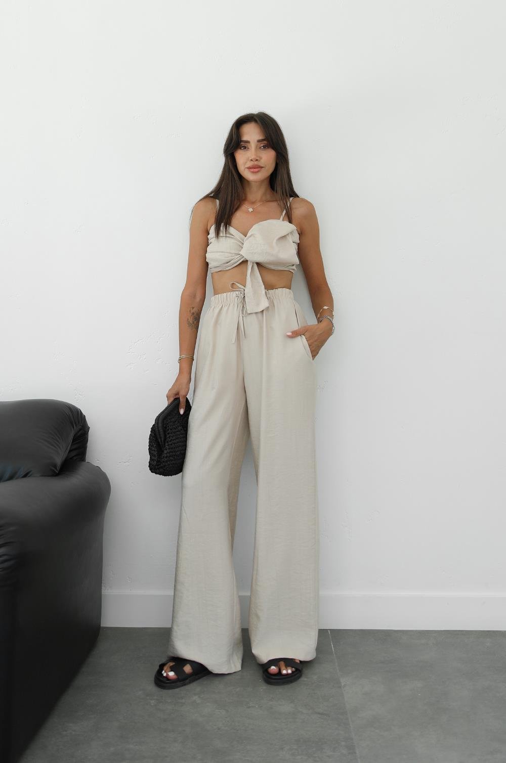 BEJ DEDIO FIYONKLU CROP PANTOLON TAKIM