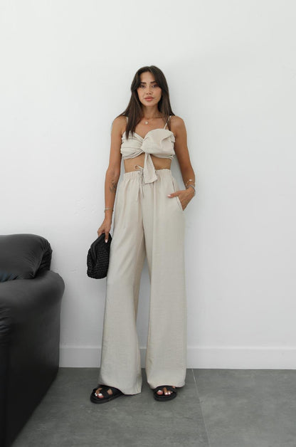 BEJ DEDIO FIYONKLU CROP PANTOLON TAKIM