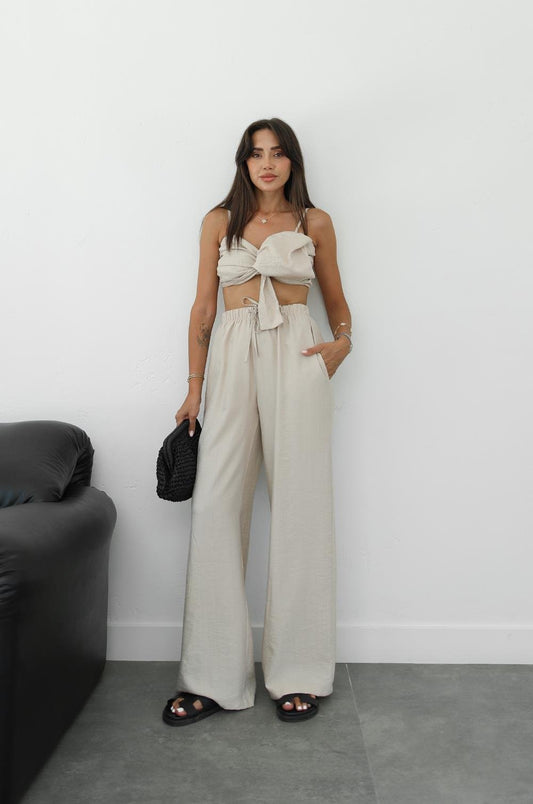 BEJ DEDIO FIYONKLU CROP PANTOLON TAKIM