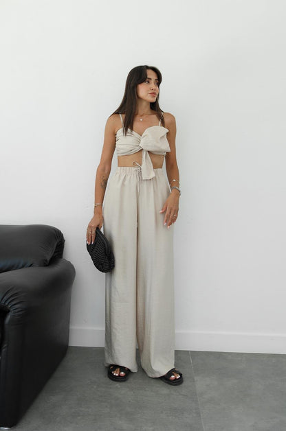 BEJ DEDIO FIYONKLU CROP PANTOLON TAKIM