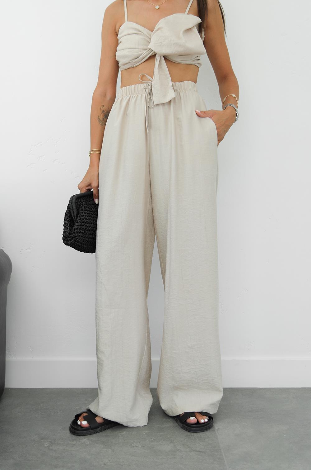 BEJ DEDIO FIYONKLU CROP PANTOLON TAKIM
