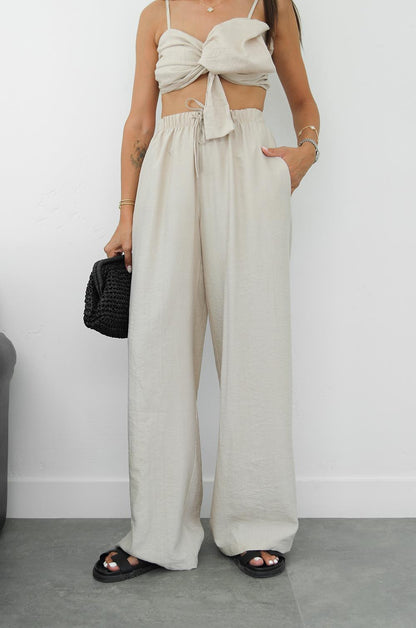 BEJ DEDIO FIYONKLU CROP PANTOLON TAKIM