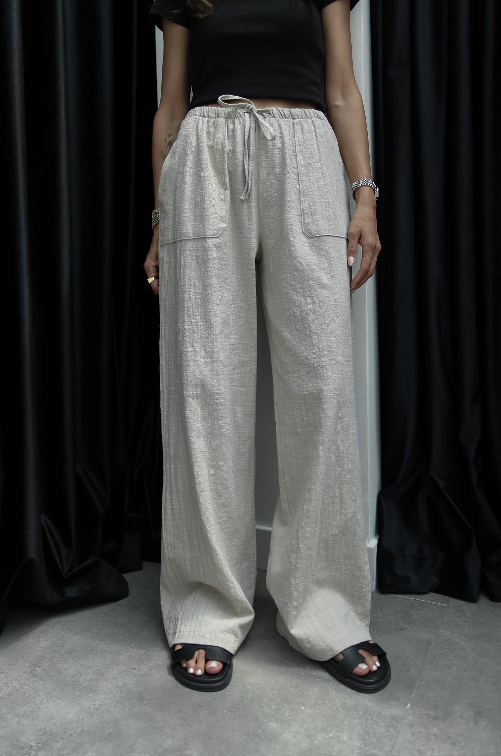 BEJ GENIŞ CEPLI KETEN PANTOLON