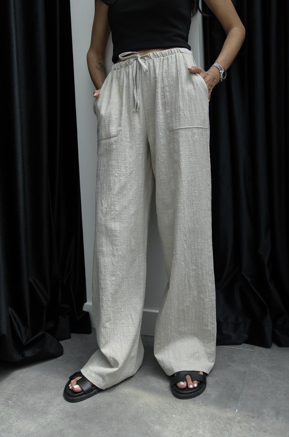 BEJ GENIŞ CEPLI KETEN PANTOLON